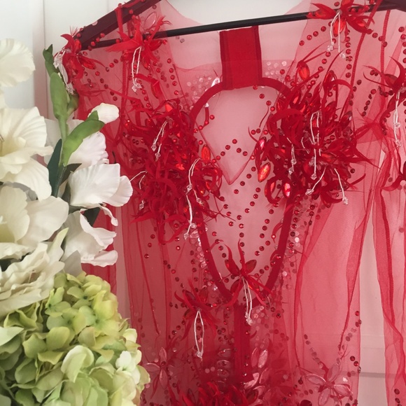 NEW! RED ANGEL DRESS HAND BEADED REAL FEATHER GOWN - Picture 8 of 15
